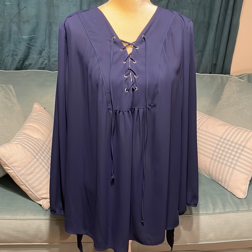 Como Brand Navy Tunic with lace up neckline sheer fabric size 3X
